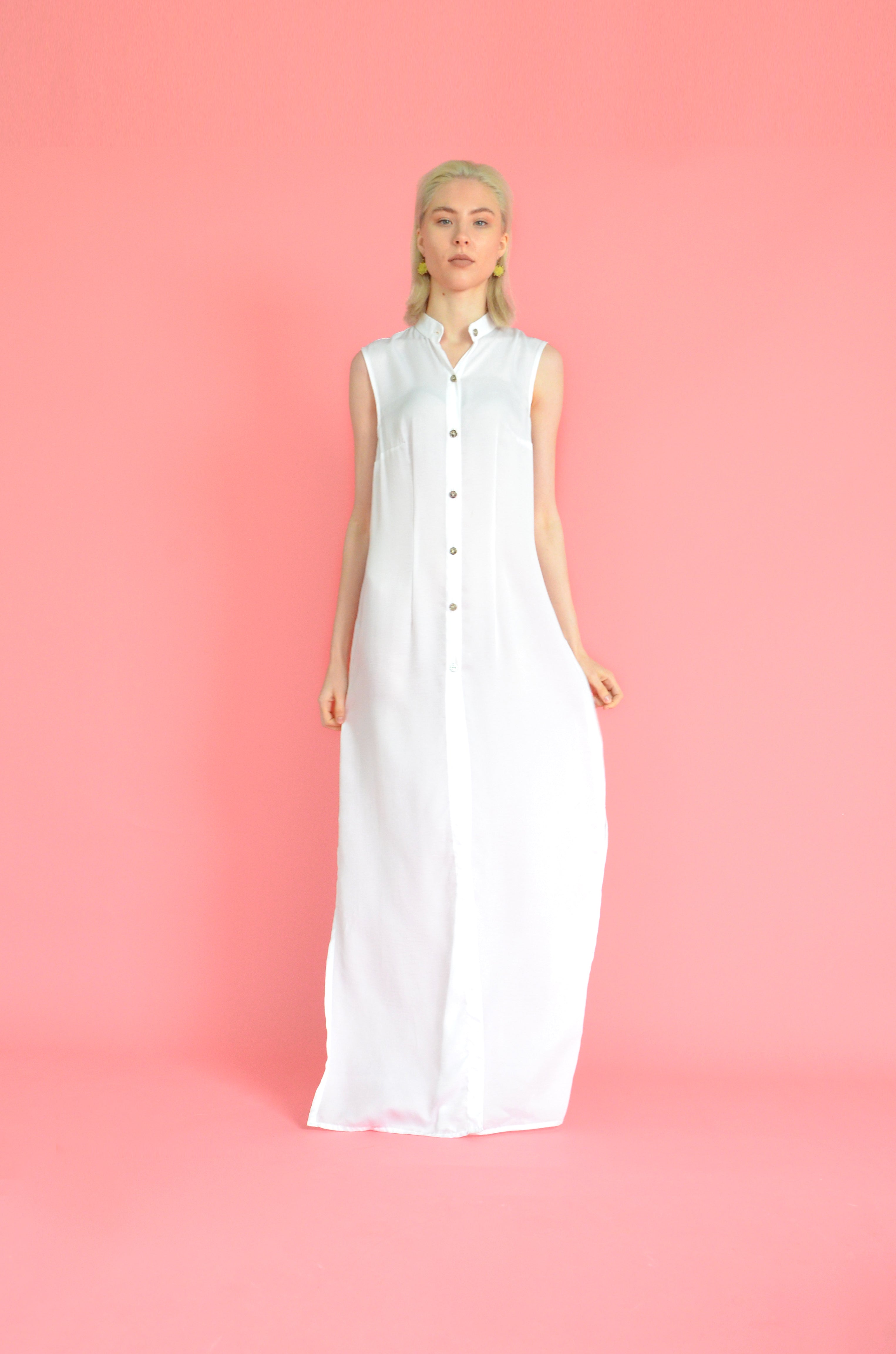 Sleeveless White Shirt Dress with Slits